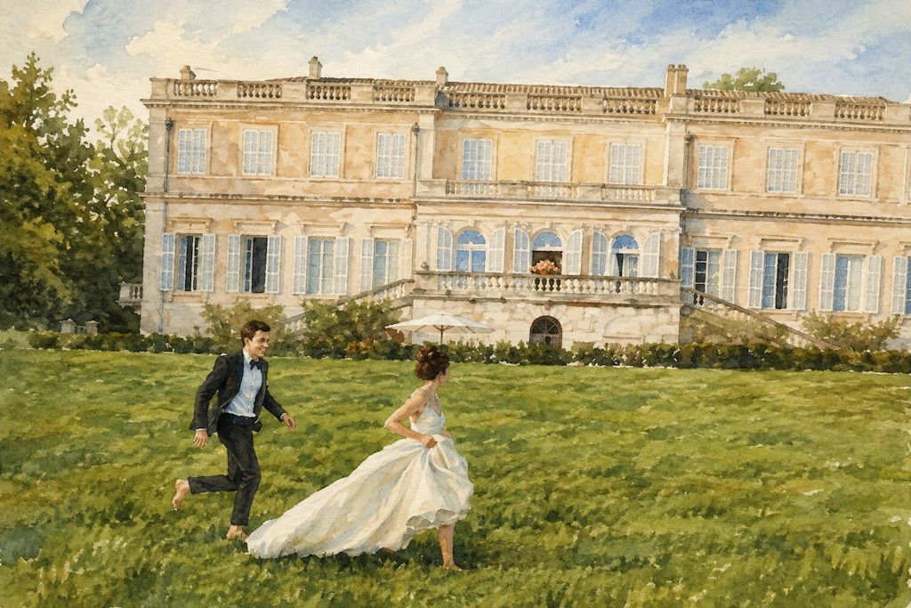 Aquarell eines Brautpaars, das vor einer historischen Villa &uuml;ber die Wiese l&auml;uft